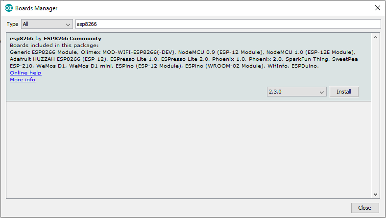 ESP8266 in Arduino Boards Manager