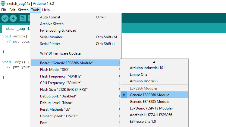 Selection of ESP8266 as board in Arduino IDE