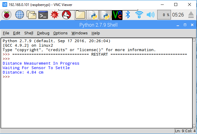 Screenshot of Ultrasonic Distance Sensor in Raspberry Pi