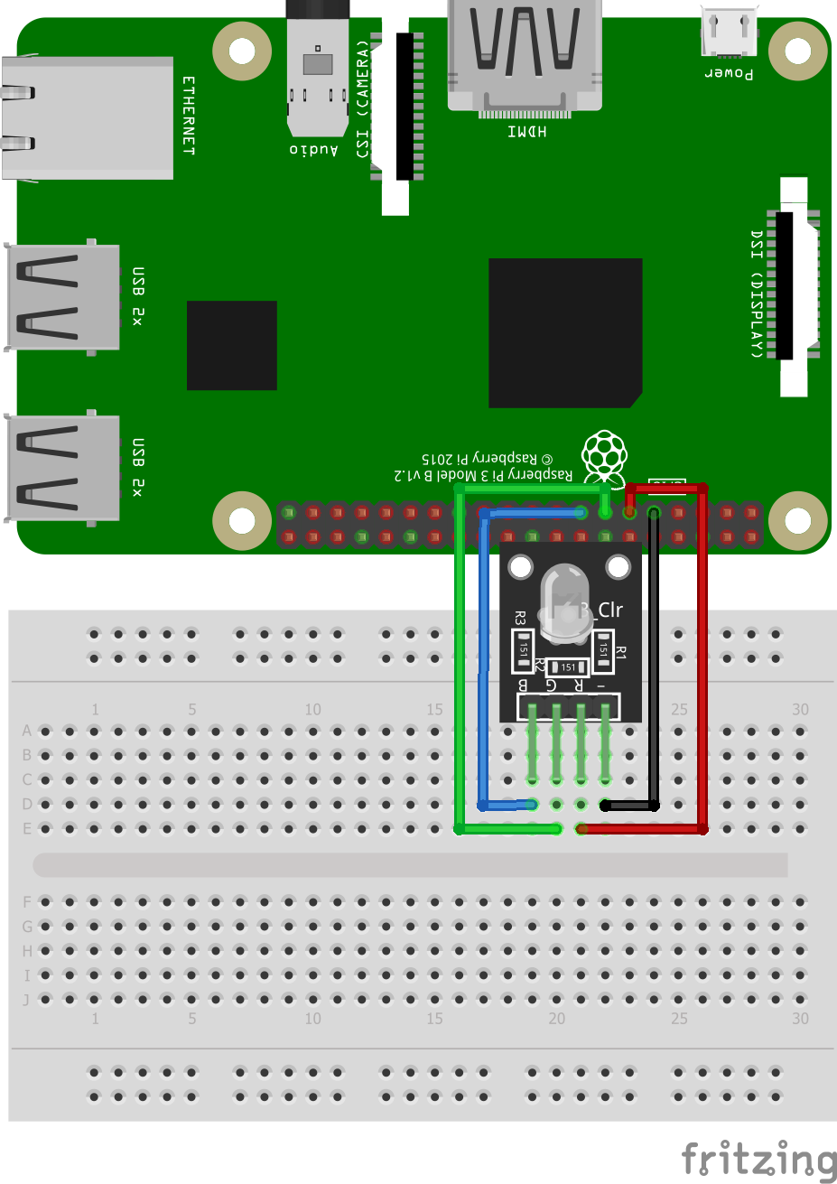 Circuuit of interfacing RGB 3 Color LED Module KY-016 in Raspberry Pi